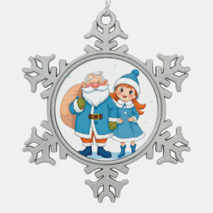 Ornement Flocon De Neige Père Noël souriant et jeune fille des neiges