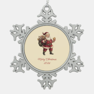 Ornement Flocon De Neige Père Noël vintage avec sac de jouets et friandise