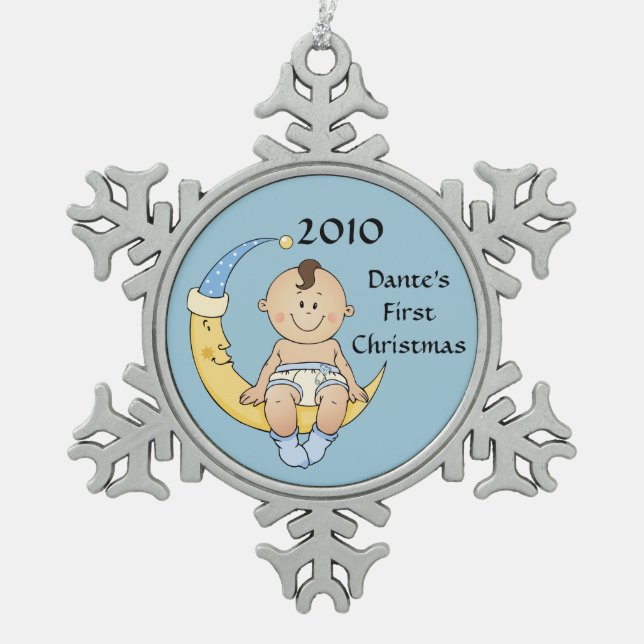 Ornement Flocon De Neige Personnalisable bleu de premier de Noël du bébé (Devant)