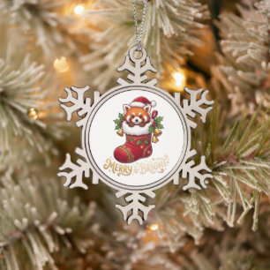 Ornement Flocon De Neige Petit Panda roux dans une chaussette de Noël Merry