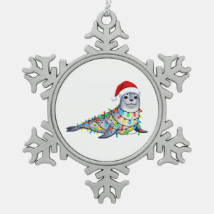 Ornement Flocon De Neige Phoque de fête recouvert de lumières de Noël