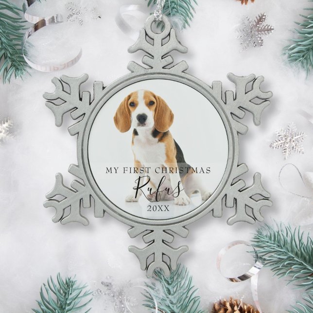 Ornement Flocon De Neige Photo de chien d'animaux de compagnie Premier scri (Pet Dog Photo First Christmas Script Snowflake Pewter Christmas Ornament)