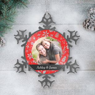 Ornement Flocon De Neige Photo de couple Red Holiday Foliage