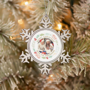 Ornement Flocon De Neige Photo de famille de la couronne de Noël simple et