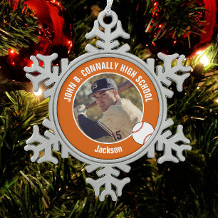 Ornement Flocon De Neige Photo de joueur de baseball Orange Lycée