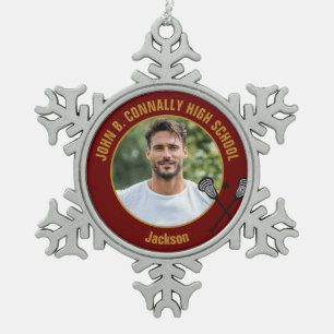 Ornement Flocon De Neige Photo de joueur de crosse Maroon Gold Lycée