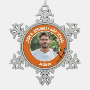 Ornement Flocon De Neige Photo de joueur de crosse Orange Lycée