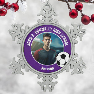 Ornement Flocon De Neige Photo de joueur de football violet Esprit de lycée