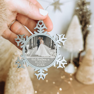 Ornement Flocon De Neige Photo de mariage personnalisé Argent Premier Noël