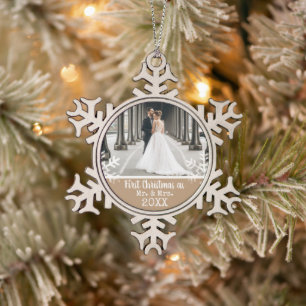 Ornement Flocon De Neige Photo de mariage personnalisé Tan Premier Noël M.