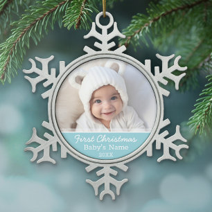 Ornement Flocon De Neige Photo de Noël de bébé - Fond bleu garçon