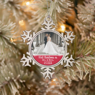Ornement Flocon De Neige Photo de Noël de mariage flocon de neige rouge