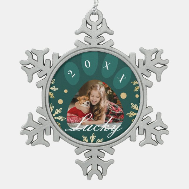 Ornement Flocon De Neige Photo et Snowflakes Empreintes de pattes Green & G (Devant)