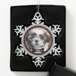 Ornement Flocon De Neige Photo personnalisé de l'animal familier Plaid roug