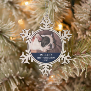 Ornement Flocon De Neige Photo personnalisée Blue First Christmas Puppy