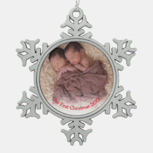 Ornement Flocon De Neige Photo Twins Red Babys First Christmas