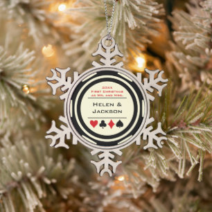 Ornement Flocon De Neige Poker Chip First Christmas Mr & Mrs Black Cream