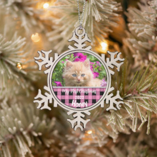 Ornement Flocon De Neige Premier chèque rose de Noël chez Kitten personnali