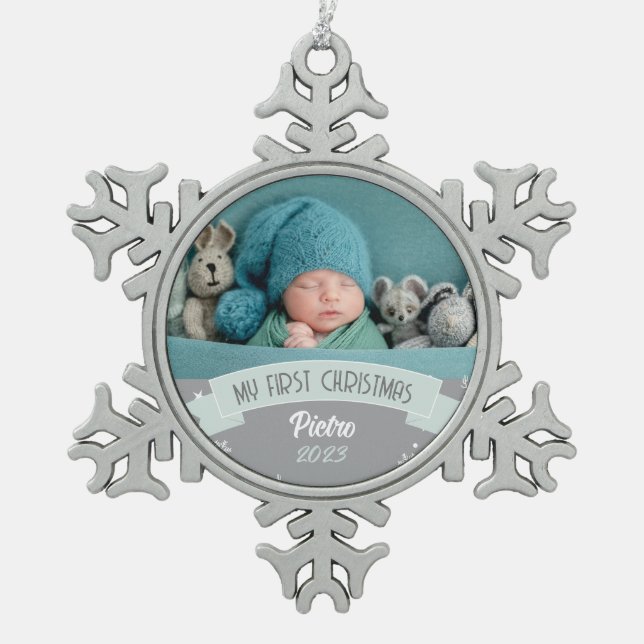 Ornement Flocon De Neige Premier Noël Blush Green Baby Boy Photo (Devant)