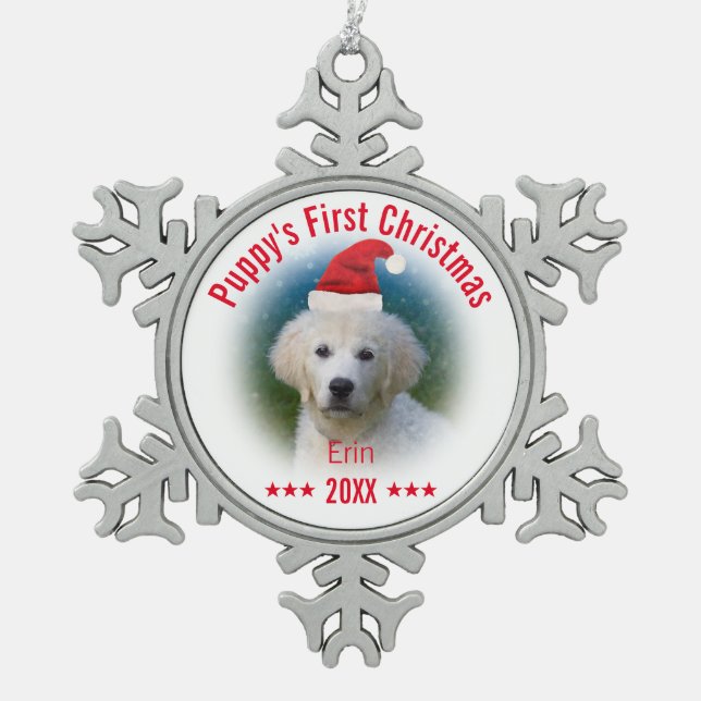 Ornement Flocon De Neige Premier Noël de la chienne | Nom du chien (Devant)