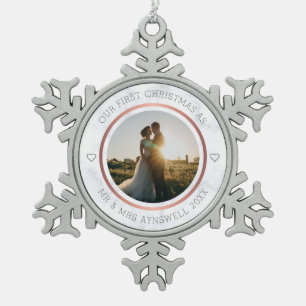 Ornement Flocon De Neige Premier Noël Mr & Mrs Photo Elegant Marble