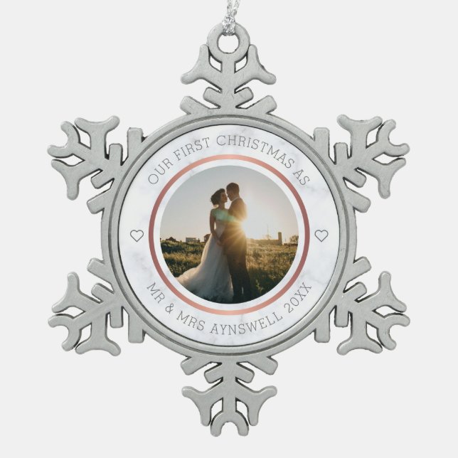 Ornement Flocon De Neige Premier Noël Mr & Mrs Photo Elegant Marble (Devant)