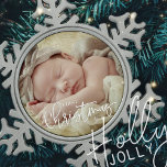 Ornement Flocon De Neige Premier Noël Simple Script personnalisé photo bébé<br><div class="desc">Ce design simple et classique est composé de typographie serif et d'ajouter une photo personnalisée et année.</div>