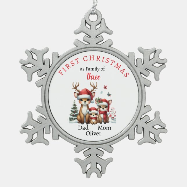 Ornement Flocon De Neige Première famille de Noël de trois Keepsaké Photo (Devant)