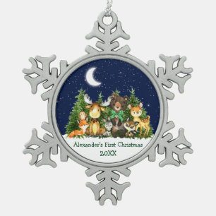 Ornement Flocon De Neige Première forêt de Noël de bébé Animaux Bow vert