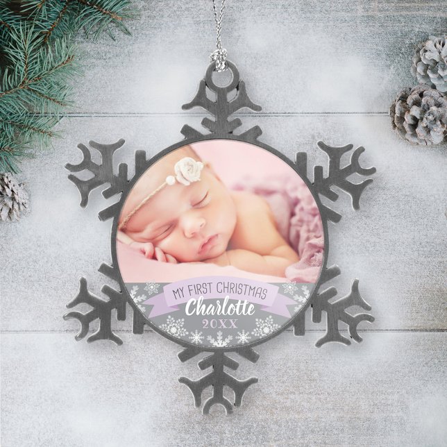 Ornement Flocon De Neige Première Lavande de Noël Purple Baby Girl Photo (Créateur téléchargé)