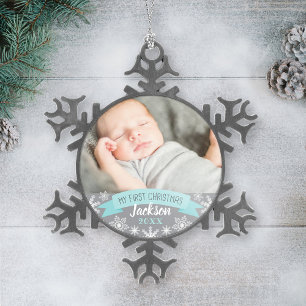 Ornement Flocon De Neige Première Noël Aqua Bleu Bébé Garçon Photo