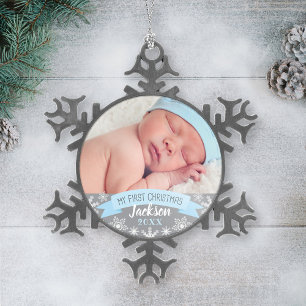 Ornement Flocon De Neige Première photo de bébé garçon en bleu clair pour N