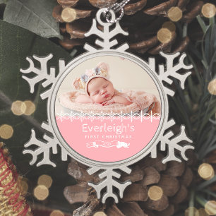 Ornement Flocon De Neige Première photo-souvenir de Noël de bébé rose