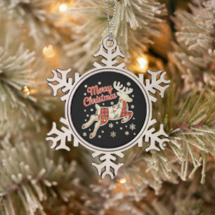 Ornement Flocon De Neige Pyjama Rouge à Carreaux Renne Buffle Joyeux Noël