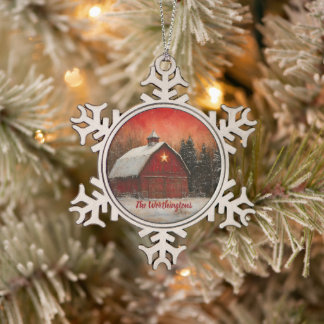 Ornement Flocon De Neige Red Barn with Star and Trees Farmhouse Monogram