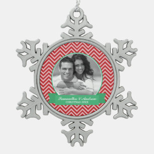 Ornement Flocon De Neige Red Chevrons Motif Photo personnalisée