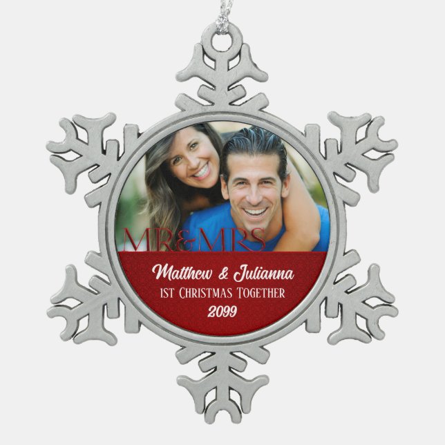 Ornement Flocon De Neige Red Damask 1er Christmas Together Photo (Devant)