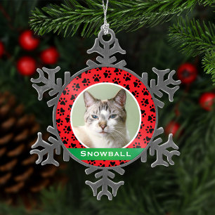 Ornement Flocon De Neige Red Pet Empreintes de pattes Personnalisé Chat Nom