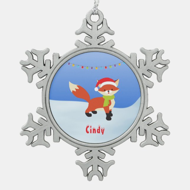 Ornement Flocon De Neige Renard neige mignon à Santa Hat (Devant)