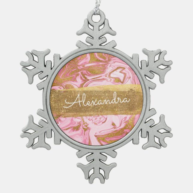 Ornement Flocon De Neige Rose et Marbre blanc avec étincelle d'or et Partie (Devant)