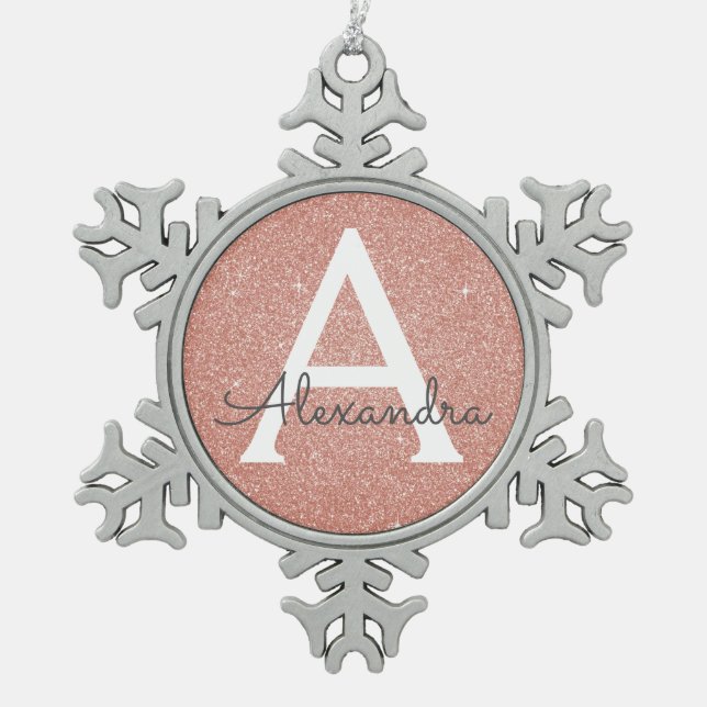 Ornement Flocon De Neige Rose Rose Parties scintillant Or & Monogramme étin (Devant)