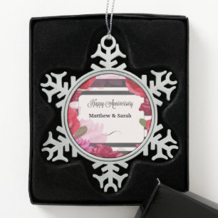 Ornement Flocon De Neige Roses de l'anniversaire du mariage, bandes, noms p