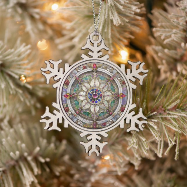 Ornement Flocon De Neige Ruby, Amethyst, Sapphire et Pearl Mandala (Arbre)