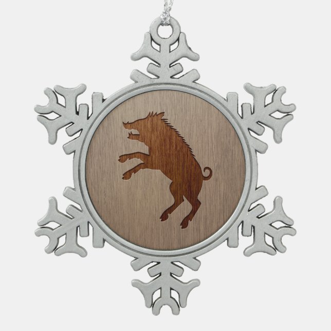 Ornement Flocon De Neige Sanglier gravé sur la conception en bois (Devant)