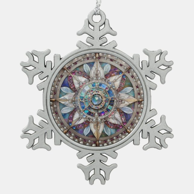 Ornement Flocon De Neige Saphirs roses et bleus Diamants Perles Mandala (Devant)