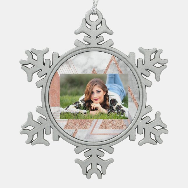 Ornement Flocon De Neige scandinave chic rose or géométrique marbre blanc (Devant)