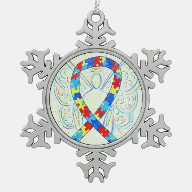 Ornement Flocon De Neige Sensibilisation au casse-tête Ruban Angel Customis (Devant)