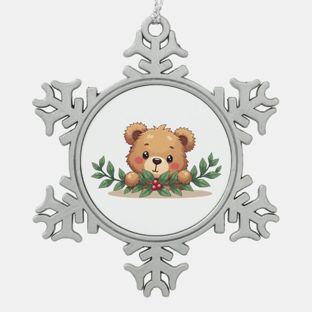 Ornement Flocon De Neige Shy Kawaii Teddy Bear Mistletoe Christmas (Devant)