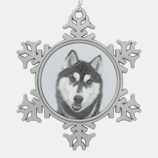 Ornement Flocon De Neige Sibérie Husky (noir et blanc) Peinture Chien Art (Devant)