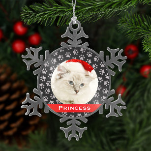 Ornement Flocon De Neige Silver Pet Paw Prints Rouges Custom Cat Photo